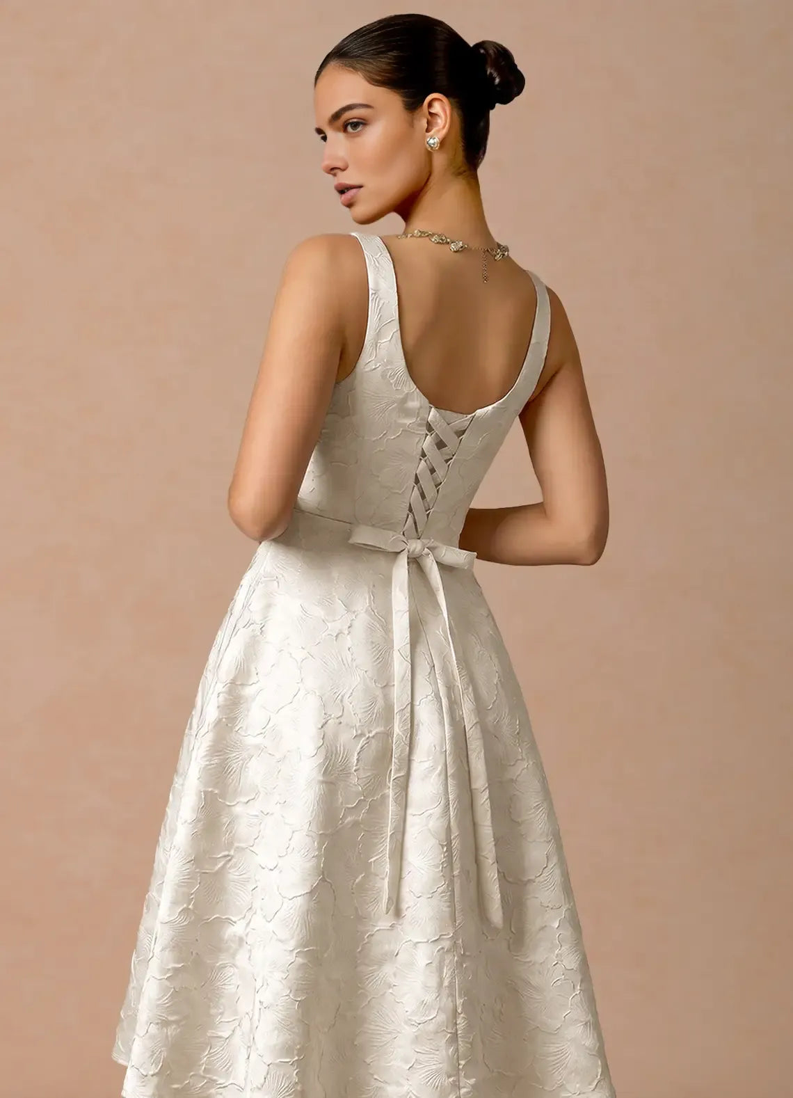 Elegant Flare Square Sleeveless Jacquard Midi Corset Back Pockets Cocktail Dress