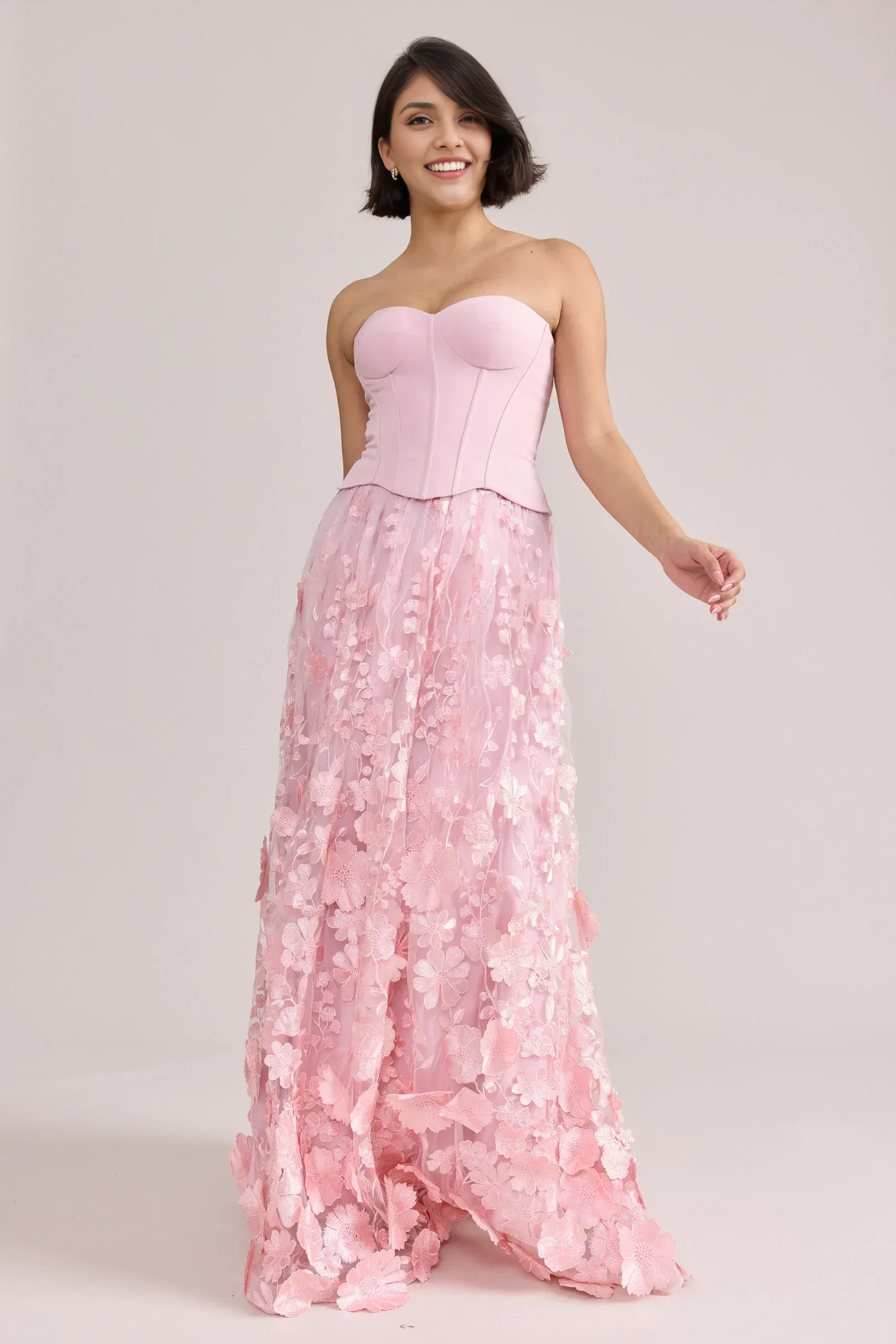 Strapless Sweetheart Corset 3D Floral Tulle A-Line Long Formal Prom Dress