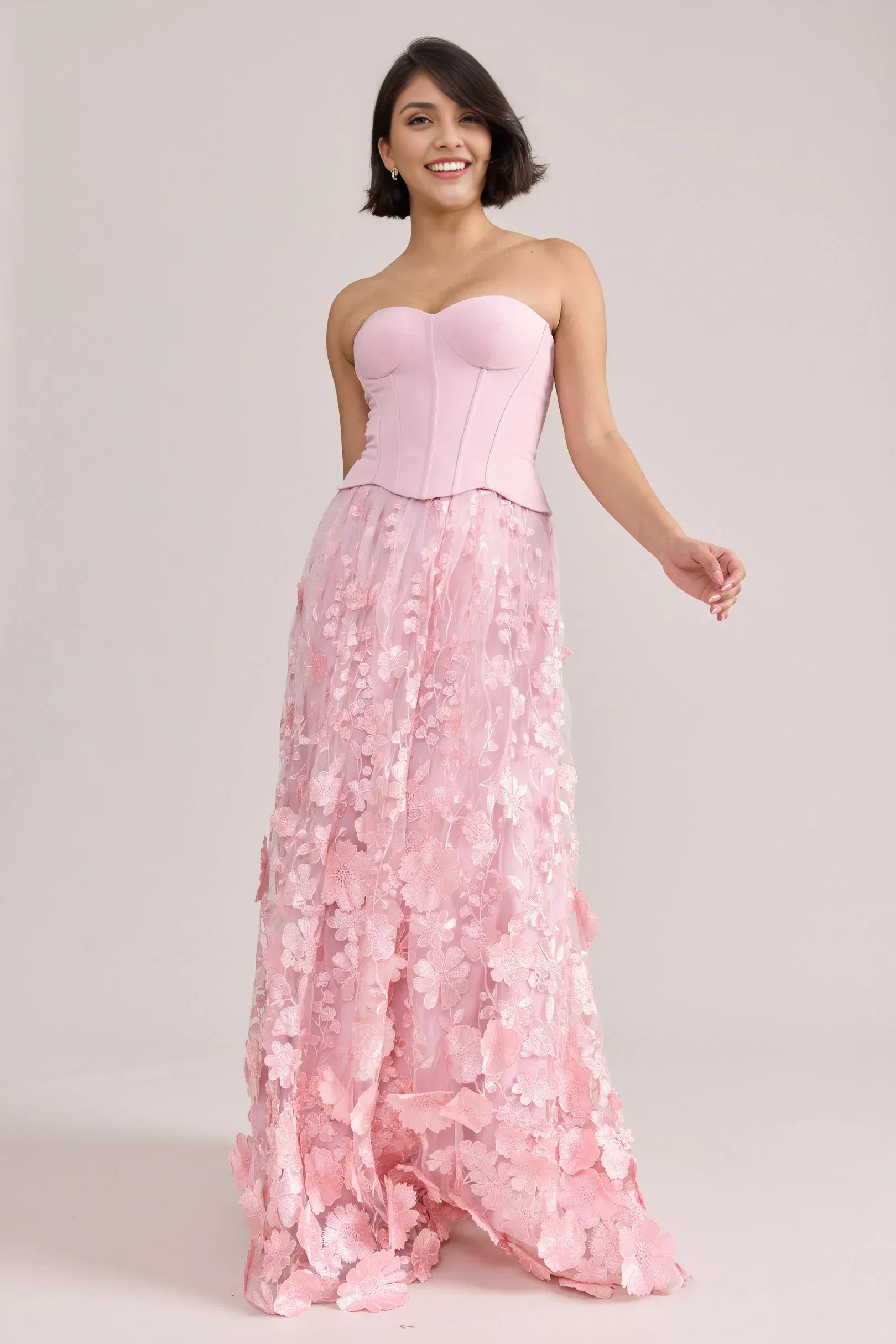 Strapless Sweetheart Corset 3D Floral Tulle A-Line Long Formal Prom Dress