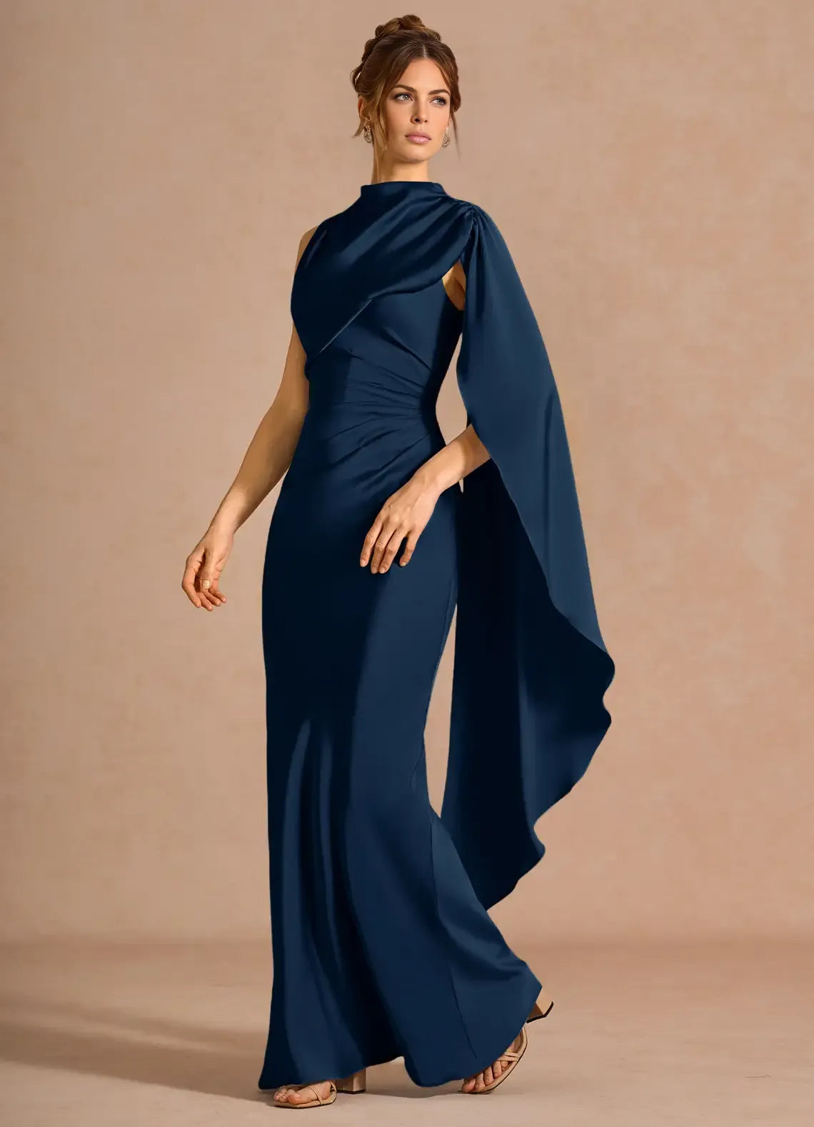 Luxury Mermaid Highneck Sleeveless Satin Maxi Cape Lace-up Formal Evening Dress