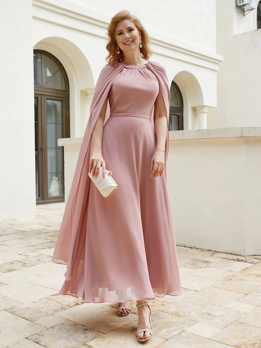 Chiffon Long Gown with Cape Sleeves, High Waist Flowy Party Dress for Mother of Bride