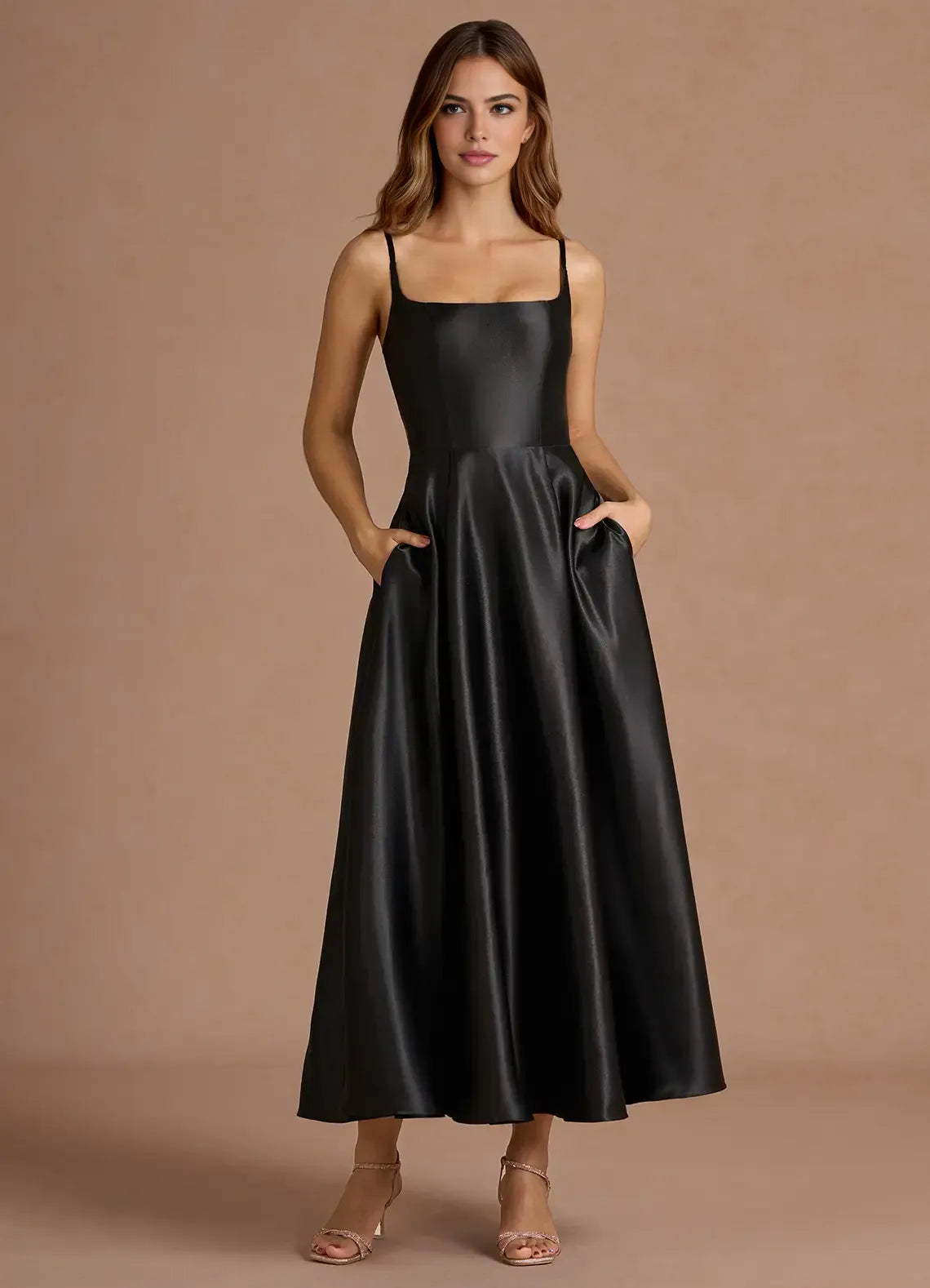 Elegant A-line Flare Square Sleeveless Satin Midi Wedding Guest Dress Corset Back Pockets Party Dress