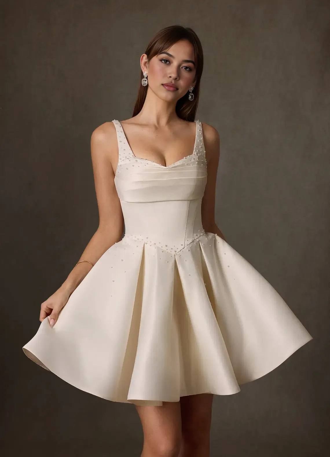 Lovely A-line Sweetheart Spaghetti Satin Mini Party Dress Beaded Back Zip Wedding Dress