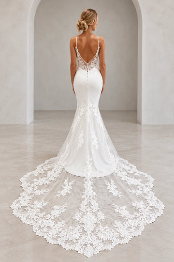 Back view of Vedress lace mermaid wedding dress featuring a low V-back, sheer lace panels, covered buttons, and an extended illusion train.