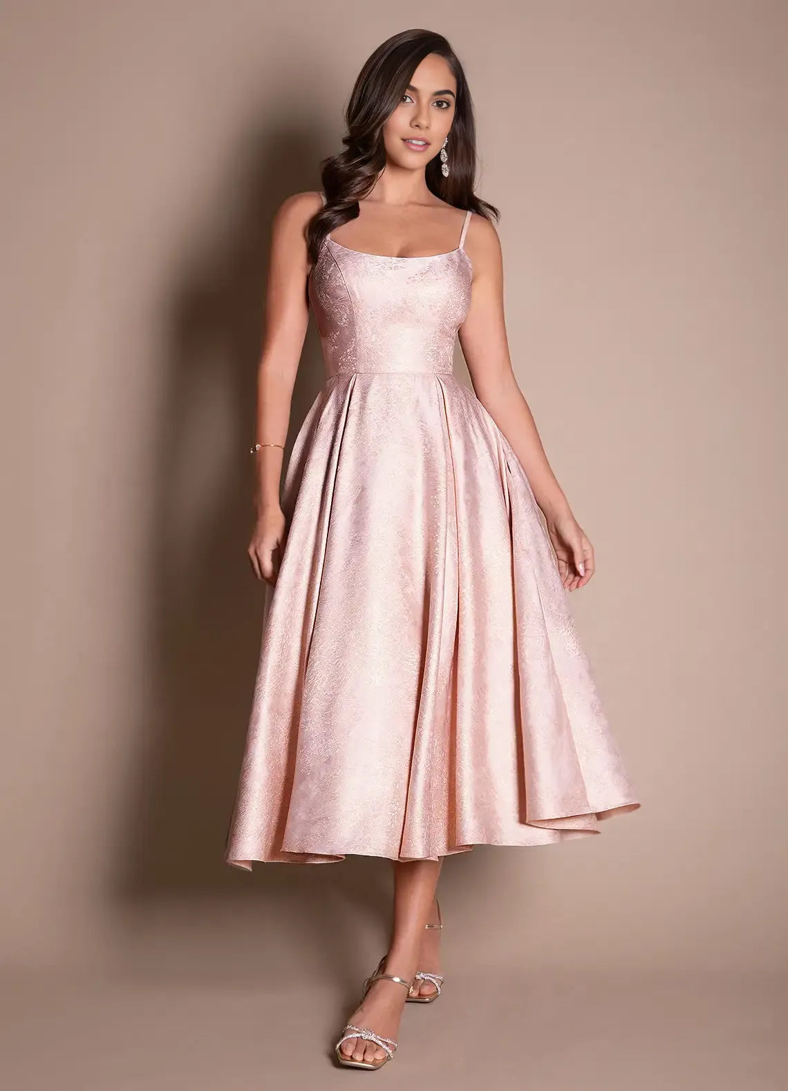 Elegant A-line Scoop Sleeveless Jacquard Satin Midi Back Zip Formal Wedding Guest Dress