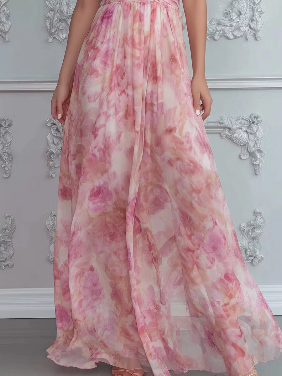 Floral A-line V-neck Halter Crisscross Back Floor Length Bridesmaid Dress