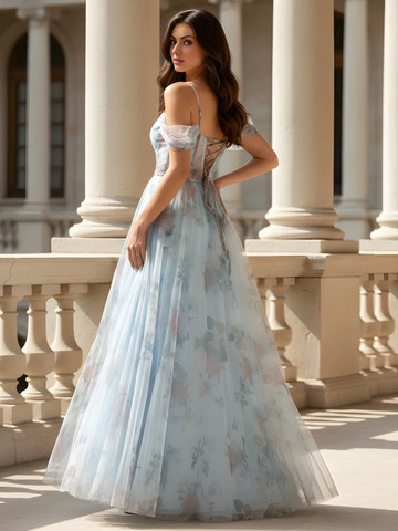 A-Line Off-Shoulder Spaghetti-Strap Floral-Tulle Maxi Lace-Up Formal Prom Dress