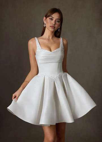 Lovely A-line Sweetheart Spaghetti Satin Mini Party Dress Beaded Back Zip Wedding Dress