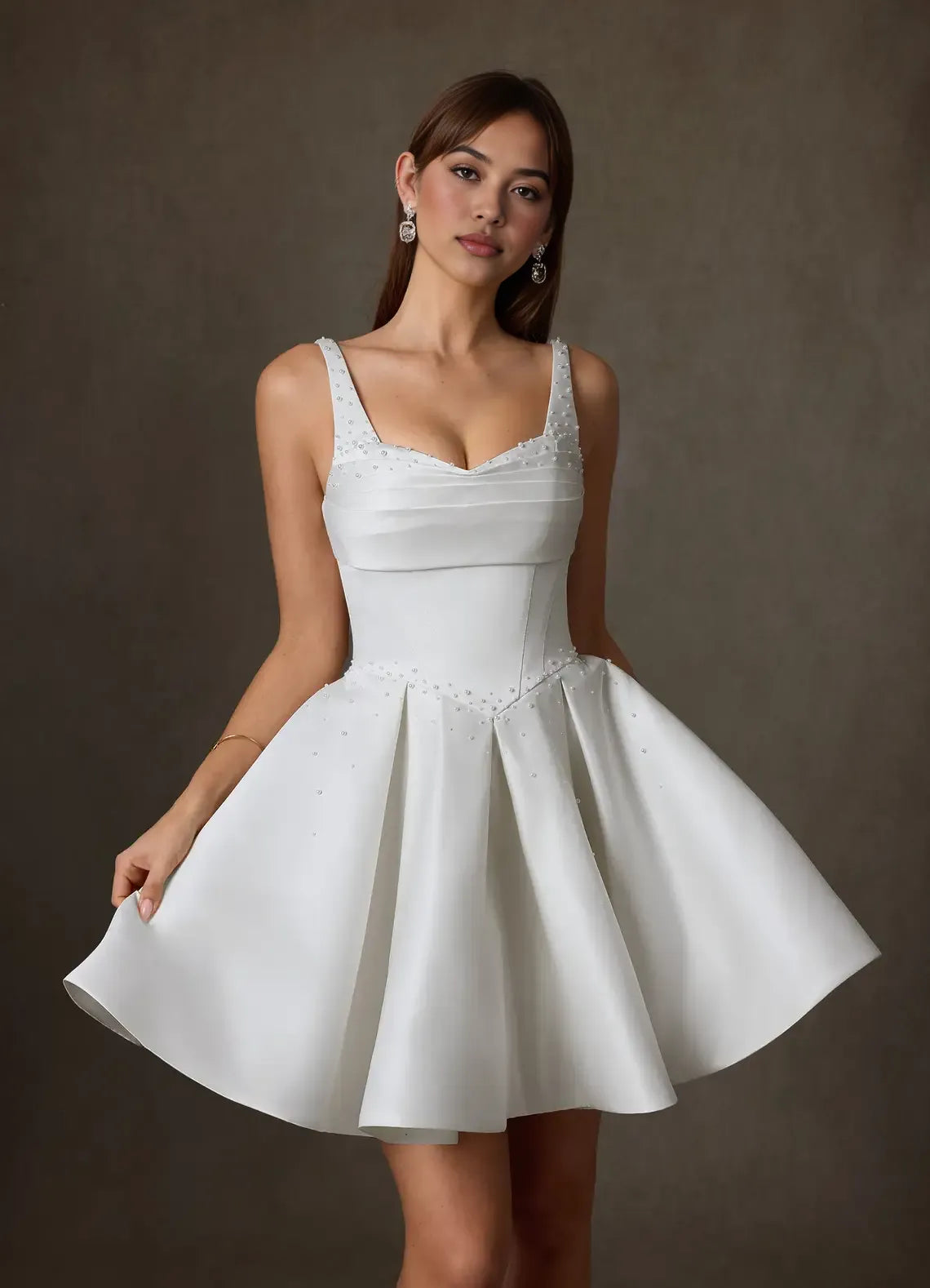 Lovely A-line Sweetheart Spaghetti Satin Mini Party Dress Beaded Back Zip Wedding Dress