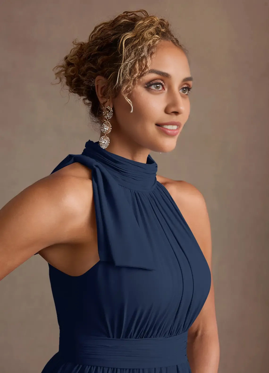 Sophisticated A-line Halter-neck Sleeveless Chiffon Floor-length Ruched-bodice Bow-neck Evening Gown