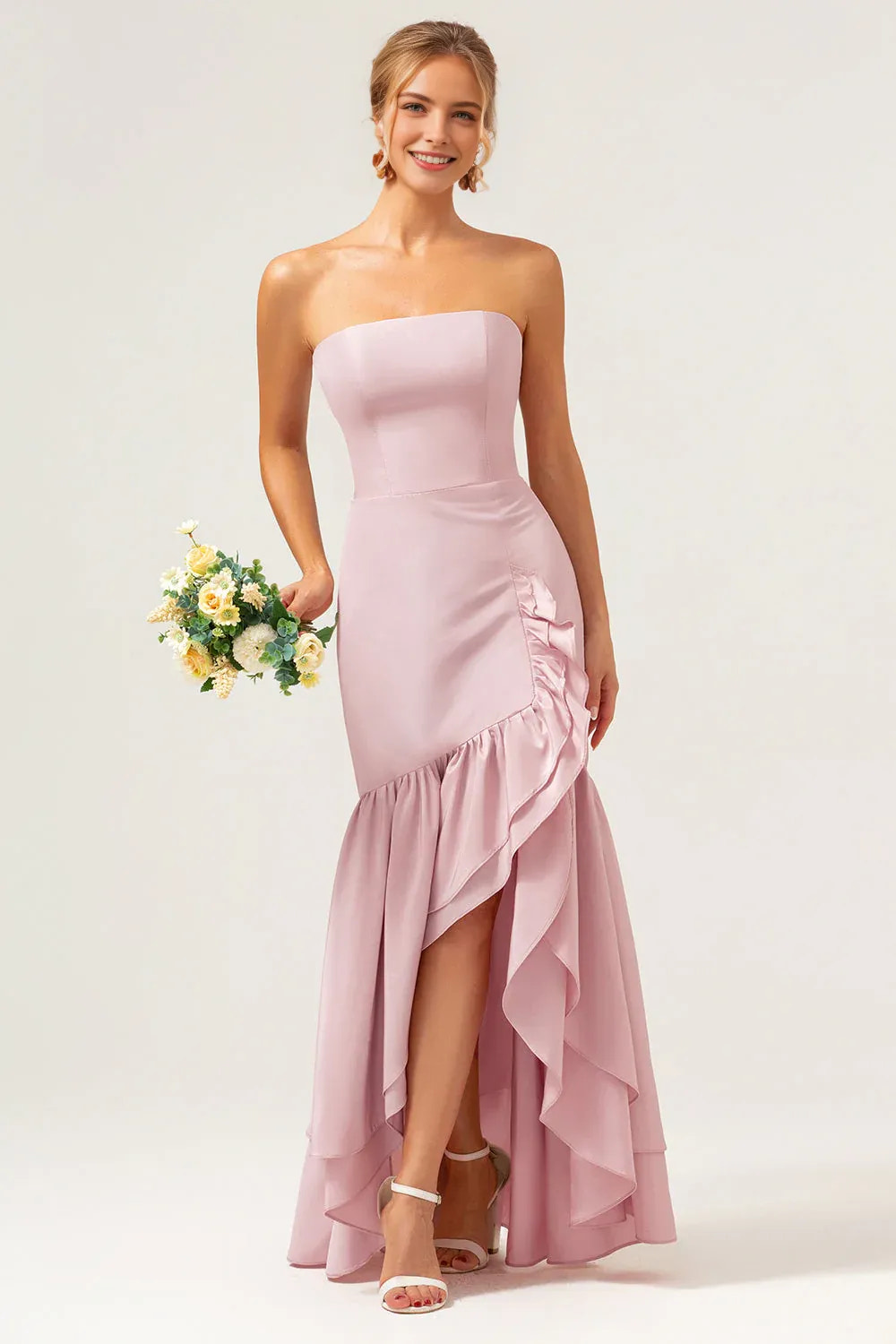 Strapless satin trumpet formal gown with straight neckline, ruffle detail, and front slit