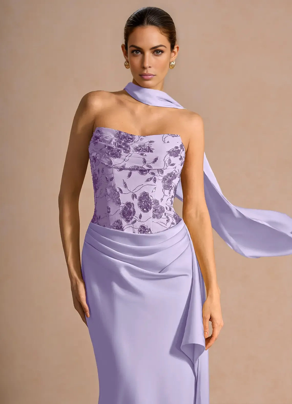 Mermaid Strapless Sleeveless Lace Satin Maxi Scarf Lace-up Formal Evening Dress