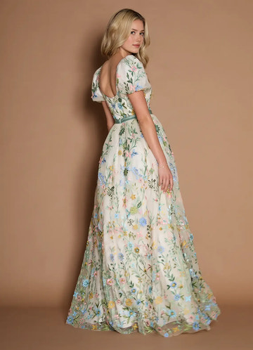 Dreamy Aline Vneck ShortSleeve Tulle Floor Length Waist band Embroidery Party Dress