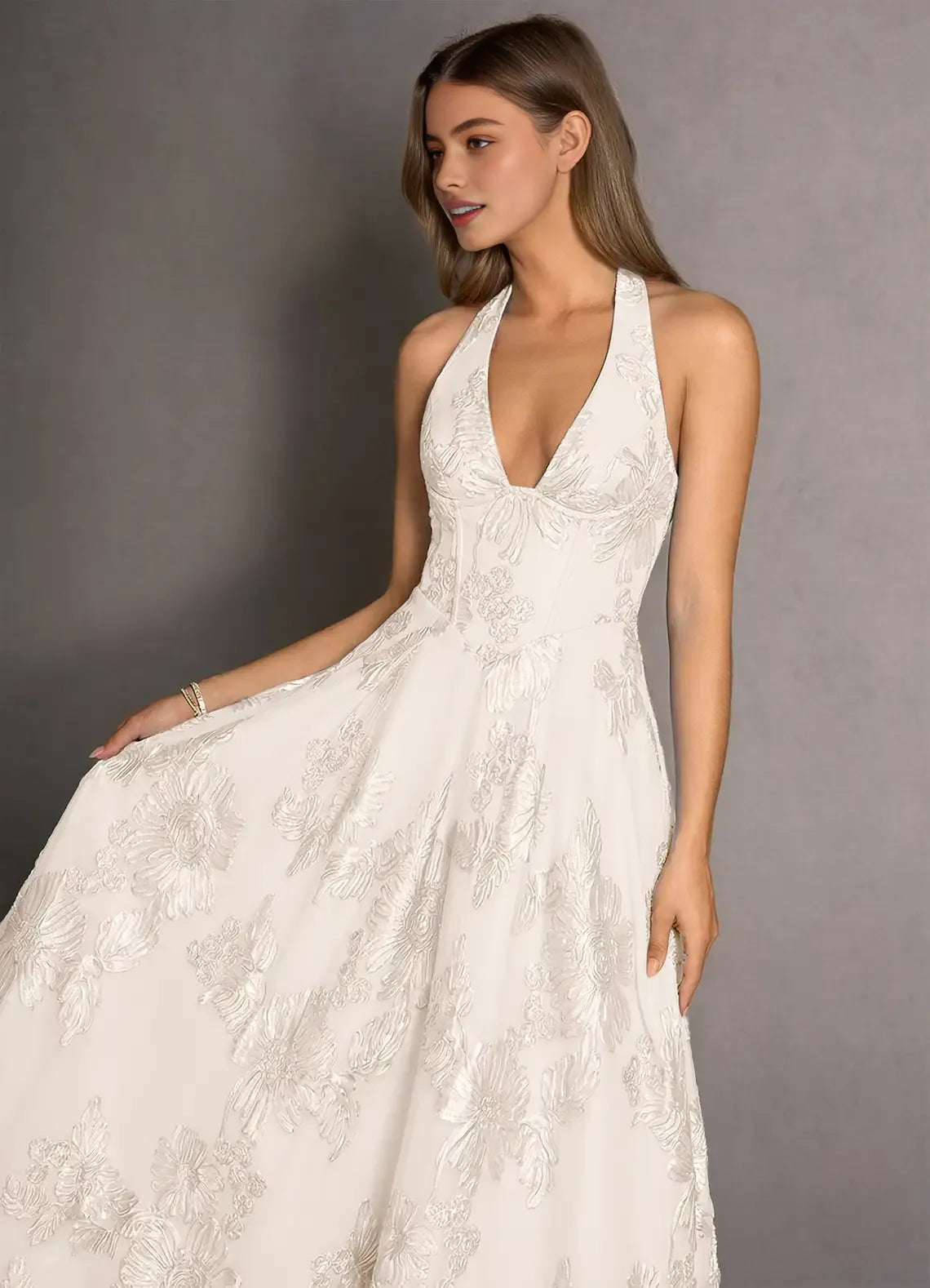 Romantic A-line Halter Sleeveless Lace Midi Lace-up Back Wedding Guest Dress