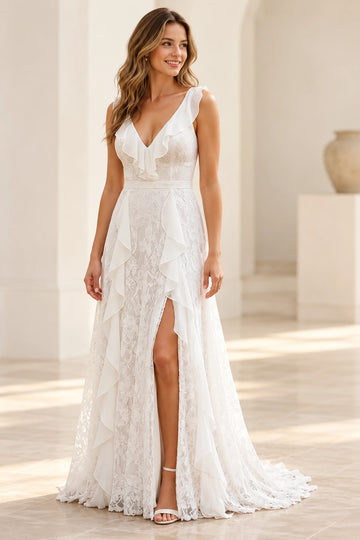 Vedress floral lace A-line wedding dress with a ruffled V-neckline, sleeveless bodice, cascading skirt ruffles and front slit, front view
