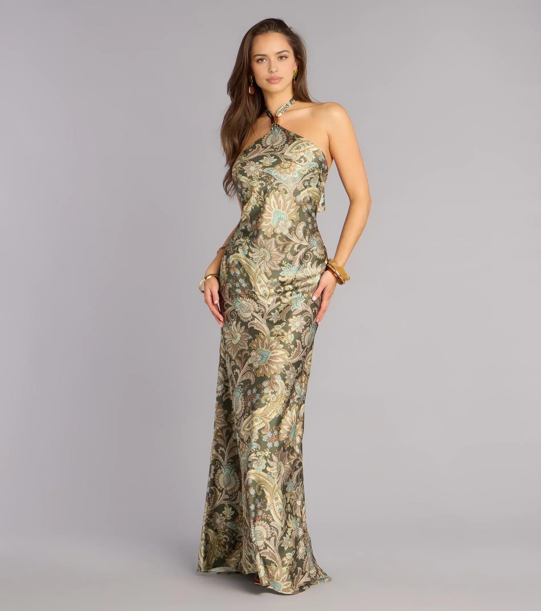 Mermaid Halter Satin Maxi Paisley Satin Formal Evening Dress