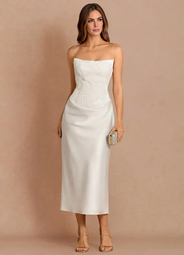 Luxury Sheath Strapless Sleeveless Satin Midi Cocktail Dress Lace-up Back Wedding Dress