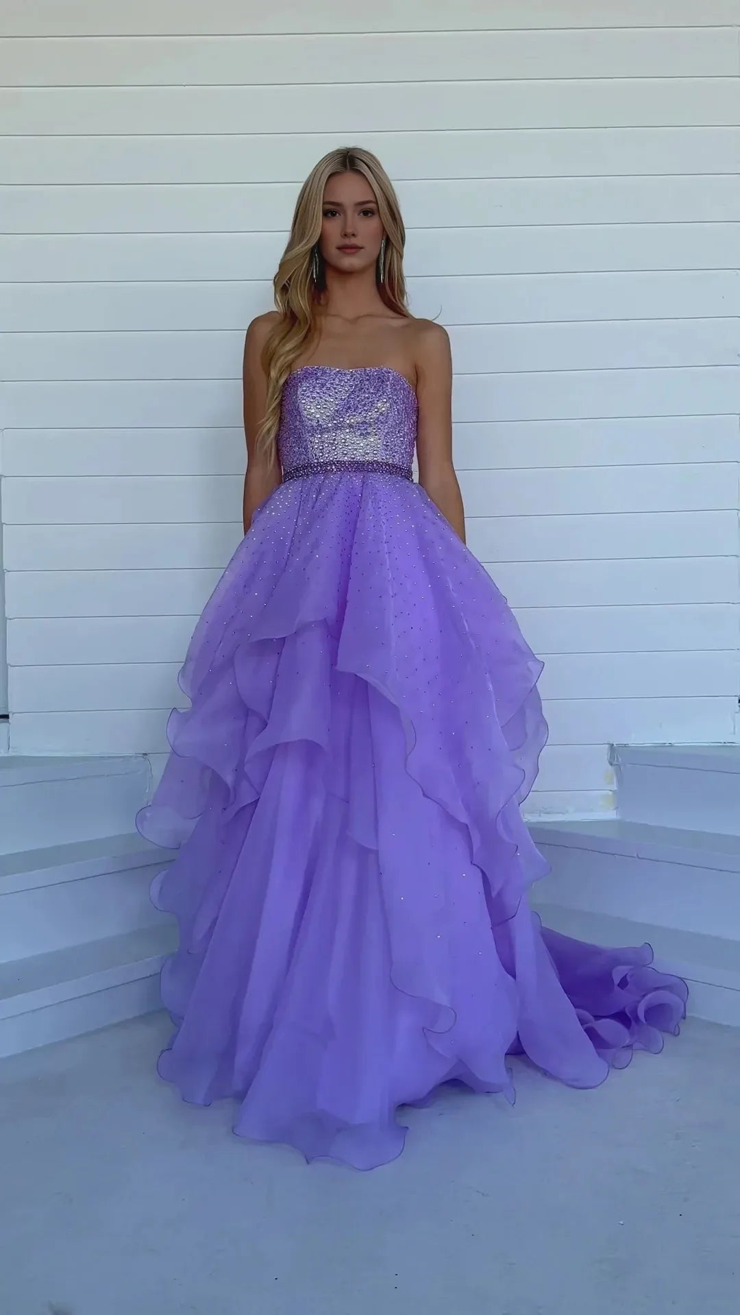 Dreamy A-Line Strapless Beaded Bodice Tulle Prom Dress Tiered Ruffle Gown