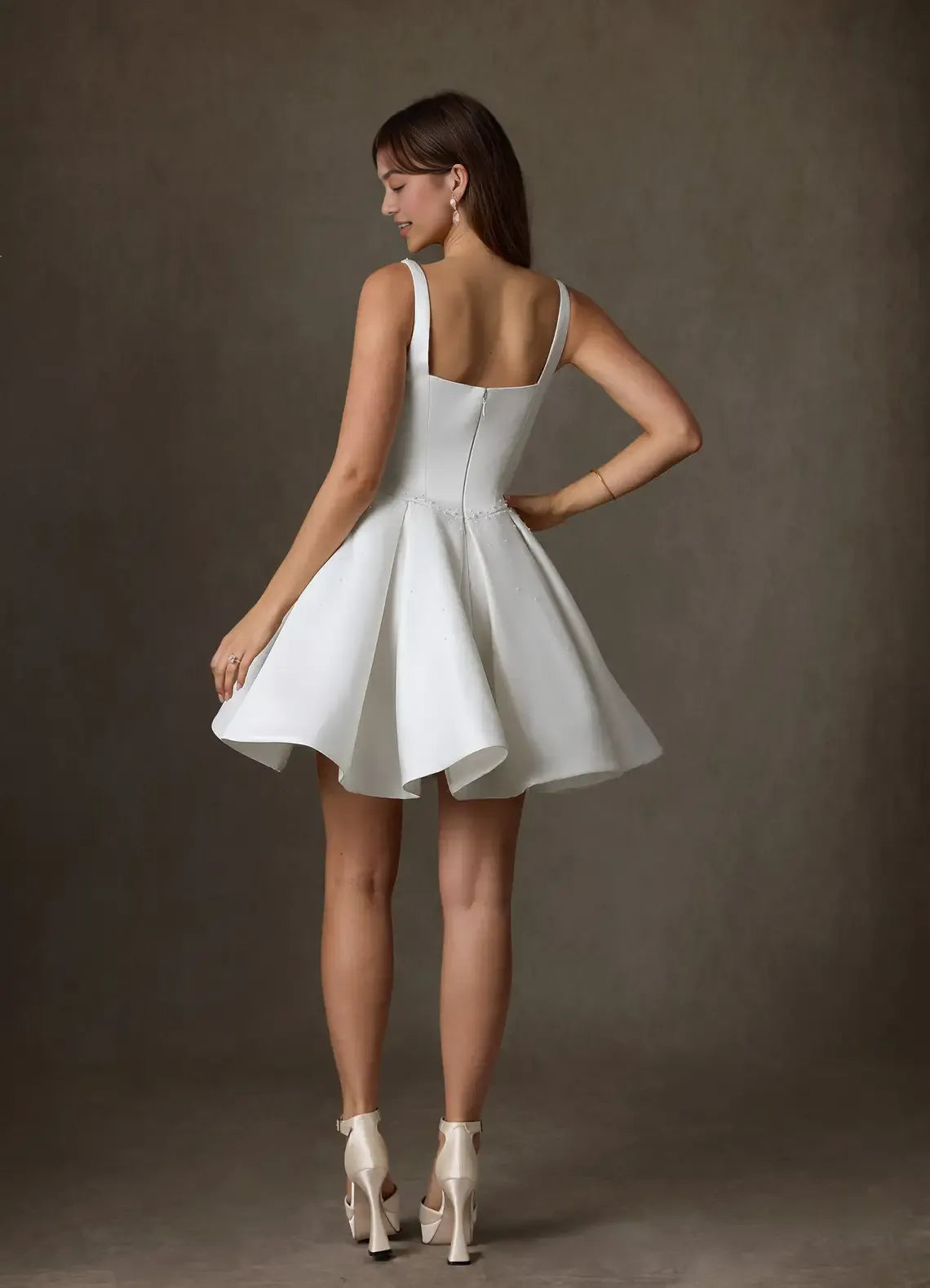 Lovely A-line Sweetheart Spaghetti Satin Mini Party Dress Beaded Back Zip Wedding Dress