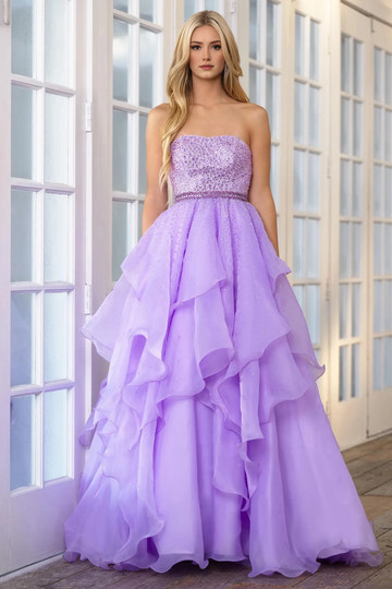 Dreamy A-line prom gown with strapless fully beaded bodice, embellished waistband, layered ruffled tulle skirt and scattered rhinestone details