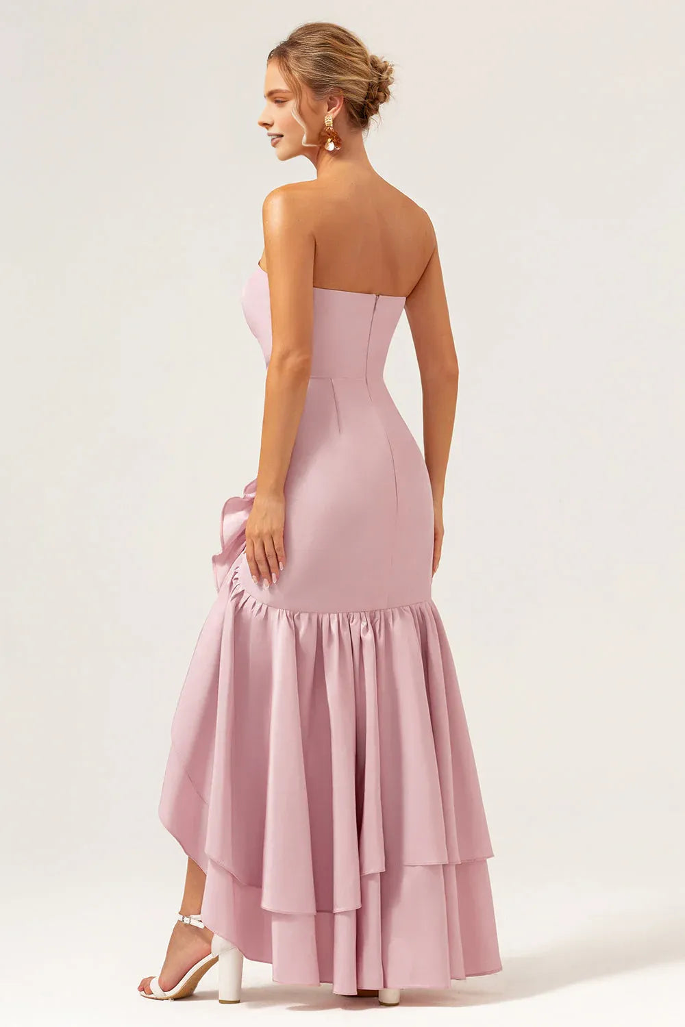 Romantic Trumpet Straight Neck Sleeveless Satin Ruffle High-Slit Wedding Guest Dress