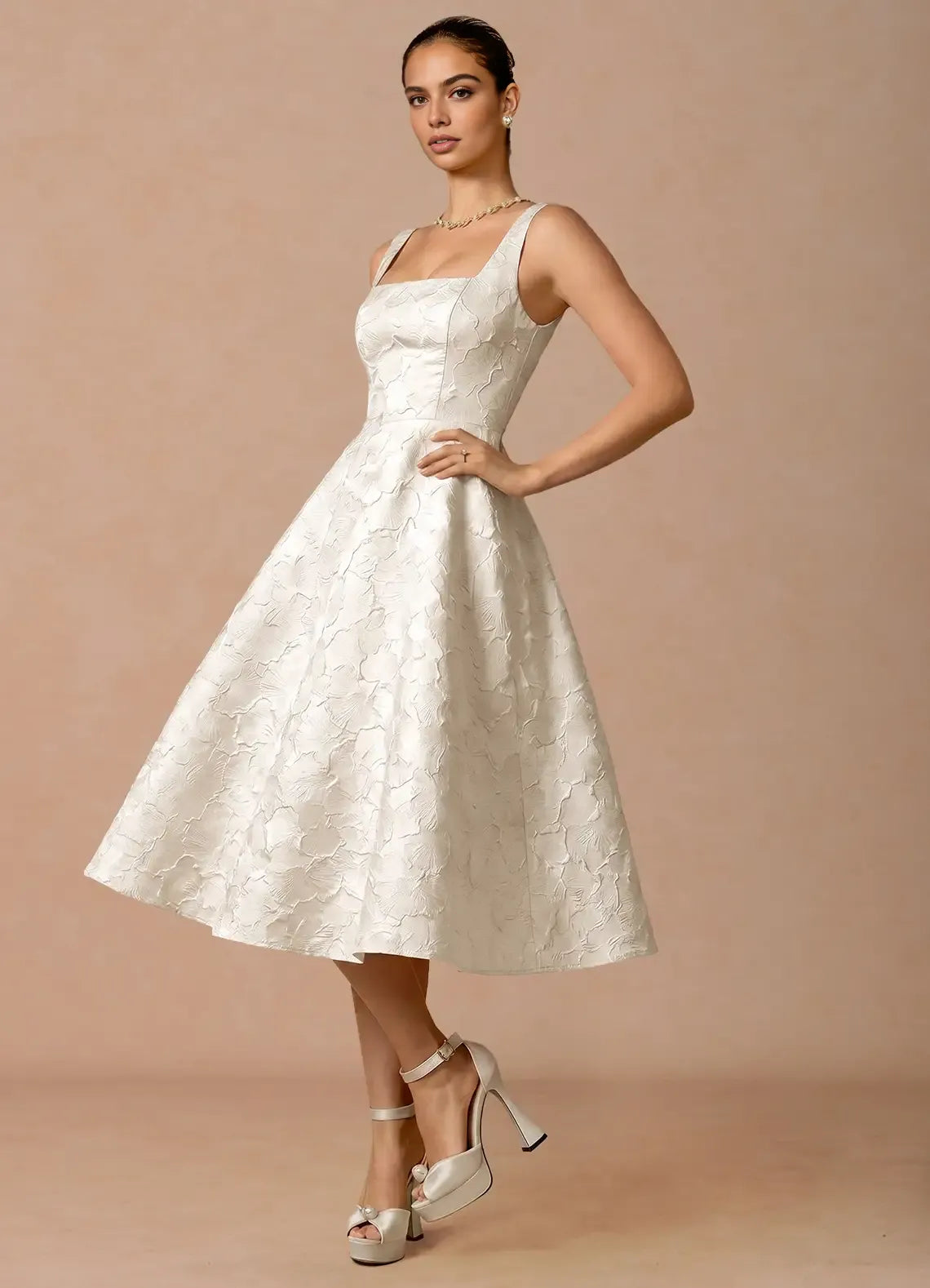 Elegant Flare Square Sleeveless Jacquard Midi Corset Back Pockets Cocktail Dress