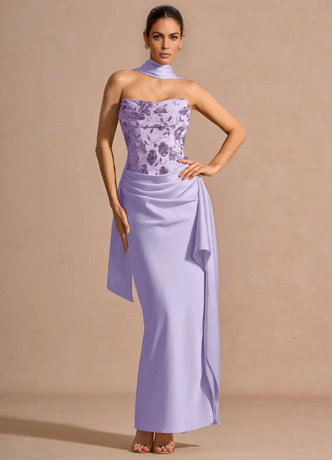 Mermaid Strapless Sleeveless Lace Satin Maxi Scarf Lace-up Formal Evening Dress
