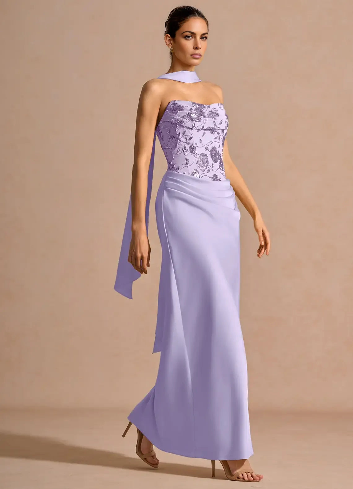 Mermaid Strapless Sleeveless Lace Satin Maxi Scarf Lace-up Formal Evening Dress