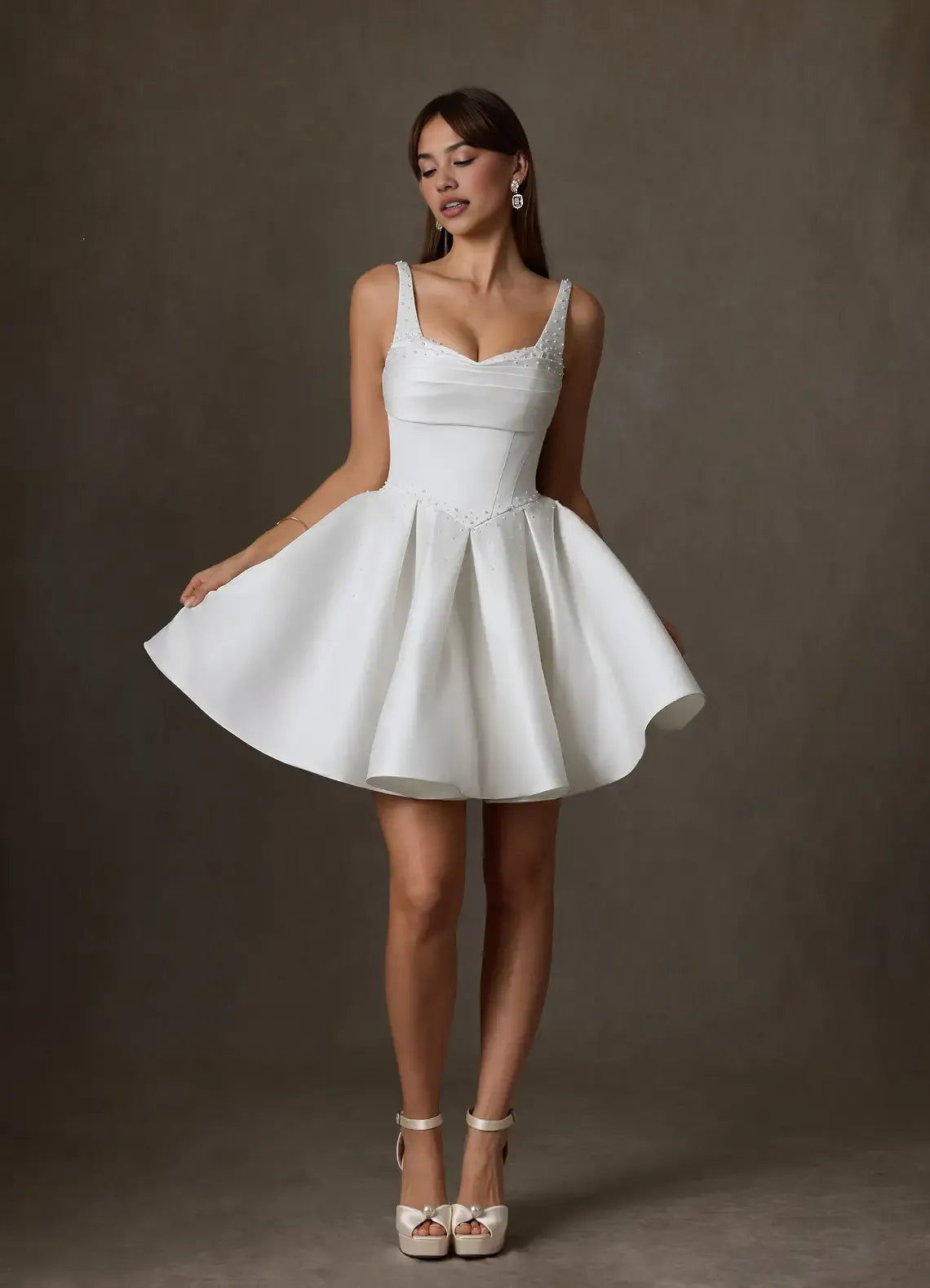 Lovely A-line Sweetheart Spaghetti Satin Mini Party Dress Beaded Back Zip Wedding Dress