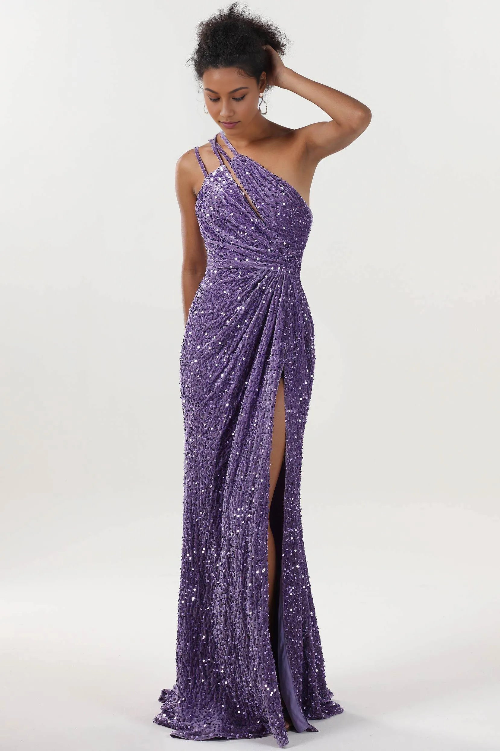 Sheath One-Shoulder Sleeveless Velvet Sequin Ruched Evening Dress With Sweep-Brush Train
