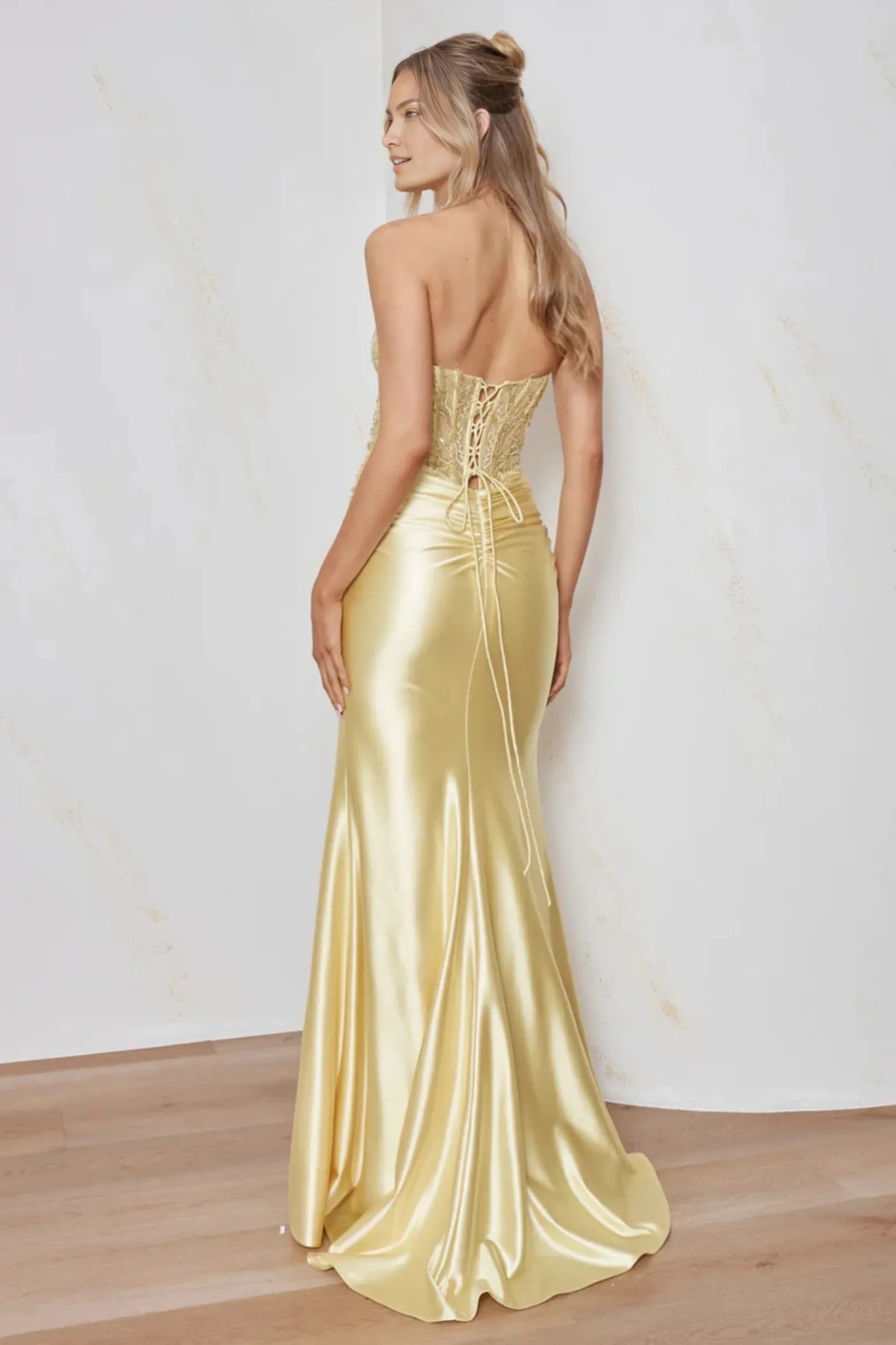 Glamorous Mermaid Strapless Sleeveless Satin Beaded Corset High Slit Formal Prom Gown