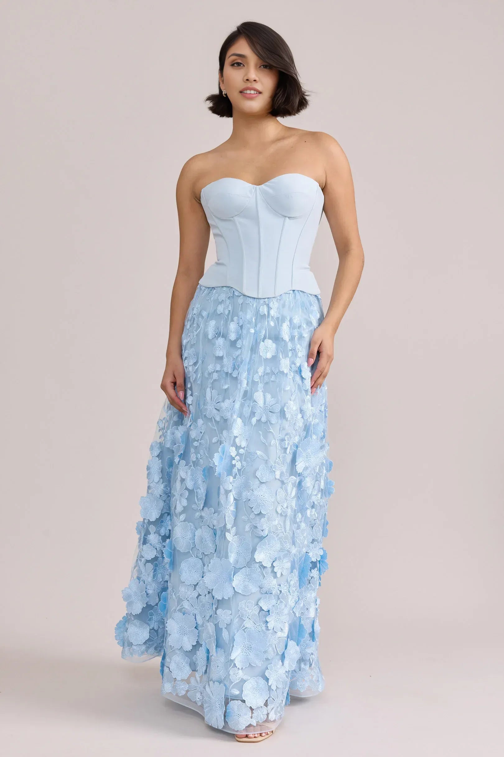 Elegant A-Line Strapless Sweetheart Satin Corset 3D Floral Tulle Long Prom Gown