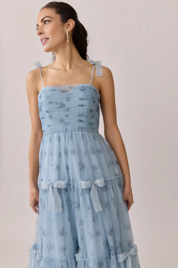 Romantic A-Line Spaghetti Strap Square Neck Floral Print Tiered Tulle Bow Accent Wedding Guest Dress