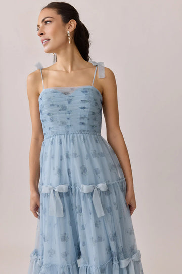 Romantic A-Line Spaghetti Strap Square Neck Floral Print Tiered Tulle Bow Accent Wedding Guest Dress
