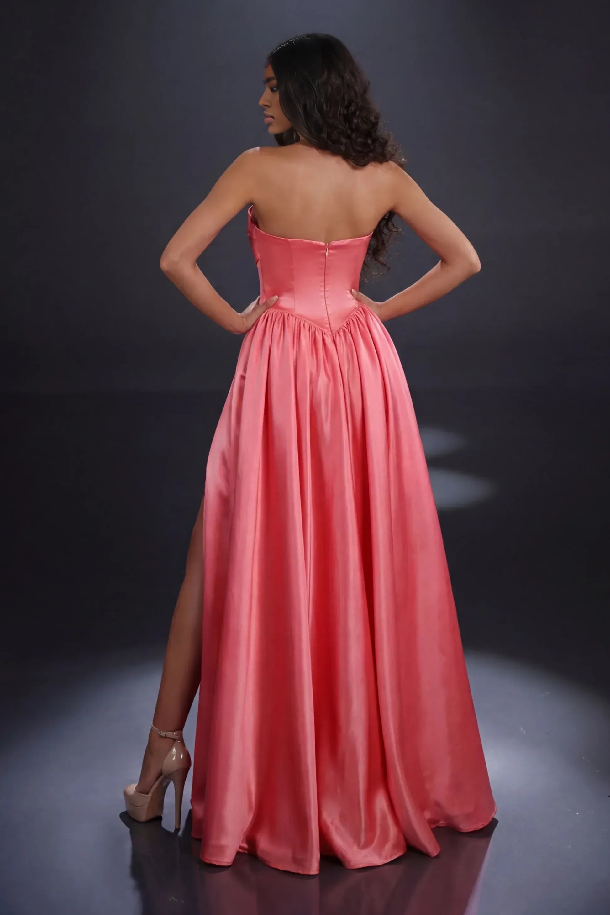 Elegant Ball Gown Sweetheart Neckline Sleeveless Satin Ruched Bodice High Slit Prom Gown