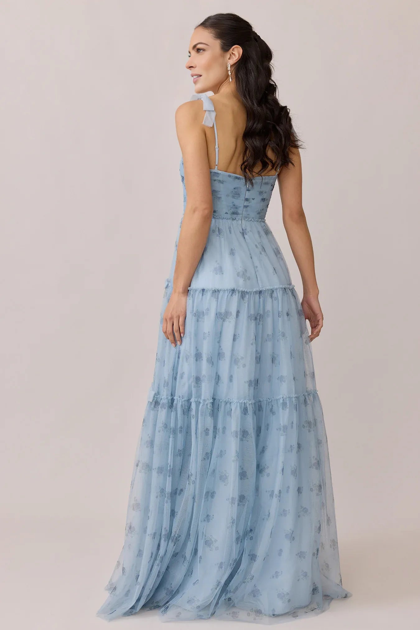 Romantic A-Line Spaghetti Strap Square Neck Floral Print Tiered Tulle Bow Accent Wedding Guest Dress