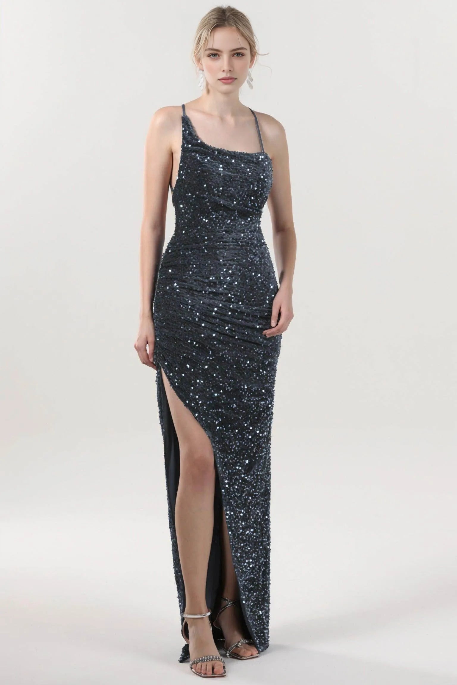 Sleek Sheath Cowl Neck Sleeveless Velvet Sequin Ruched Slit Evening Dress