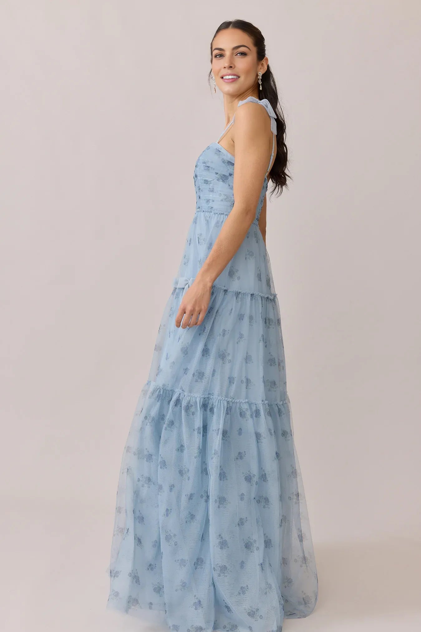 Romantic A-Line Spaghetti Strap Square Neck Floral Print Tiered Tulle Bow Accent Wedding Guest Dress