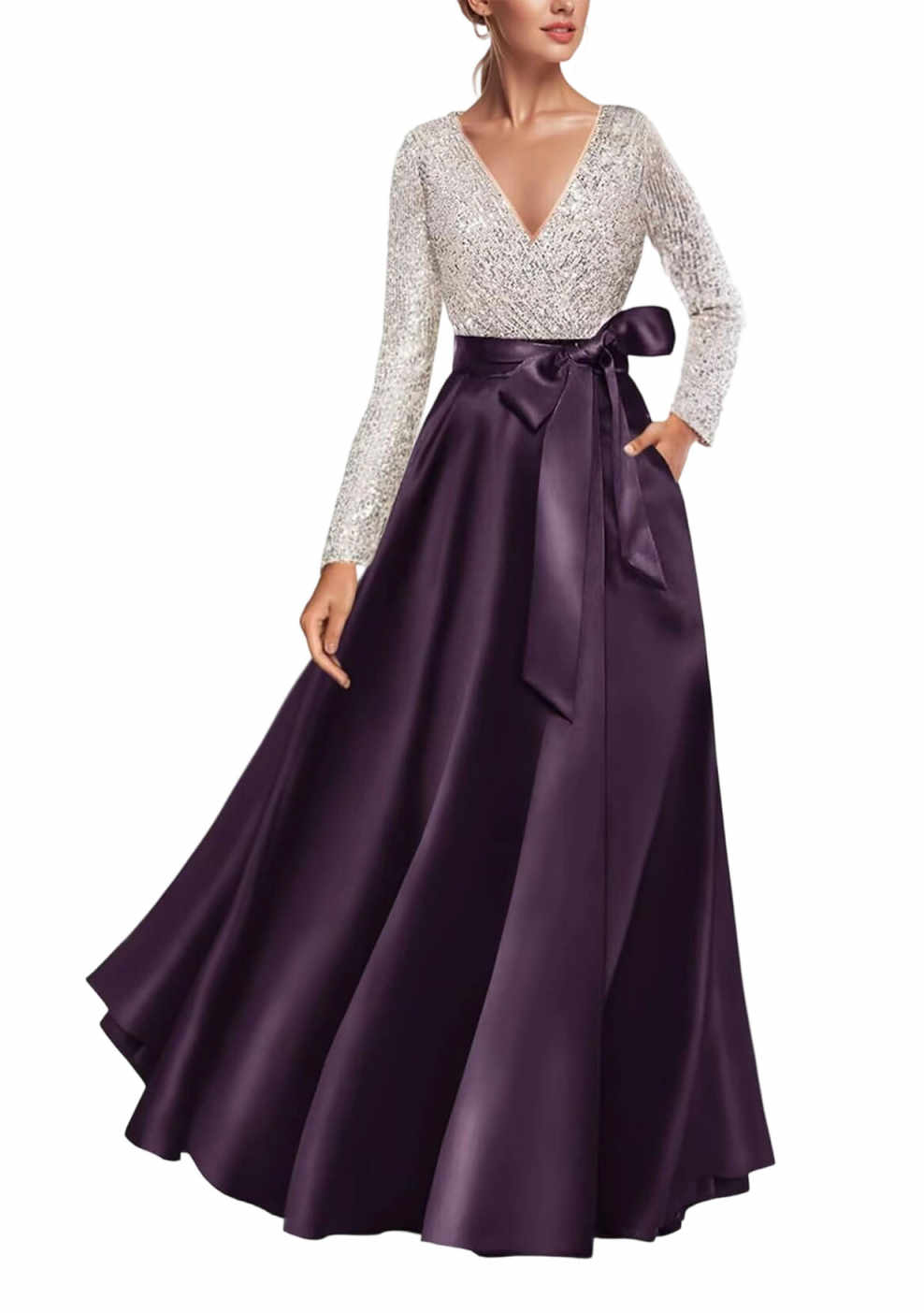 Long Sleeve V-Neck Sequin Top & Satin Skirt Formal Evening Gown with Bow Sash & Pockets