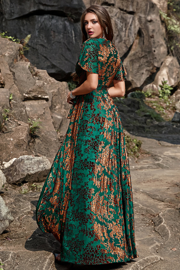 2026 New A-Line V Neck Dark Green Burnout Velvet Floor Length High Slit Dress with Short Sleeves