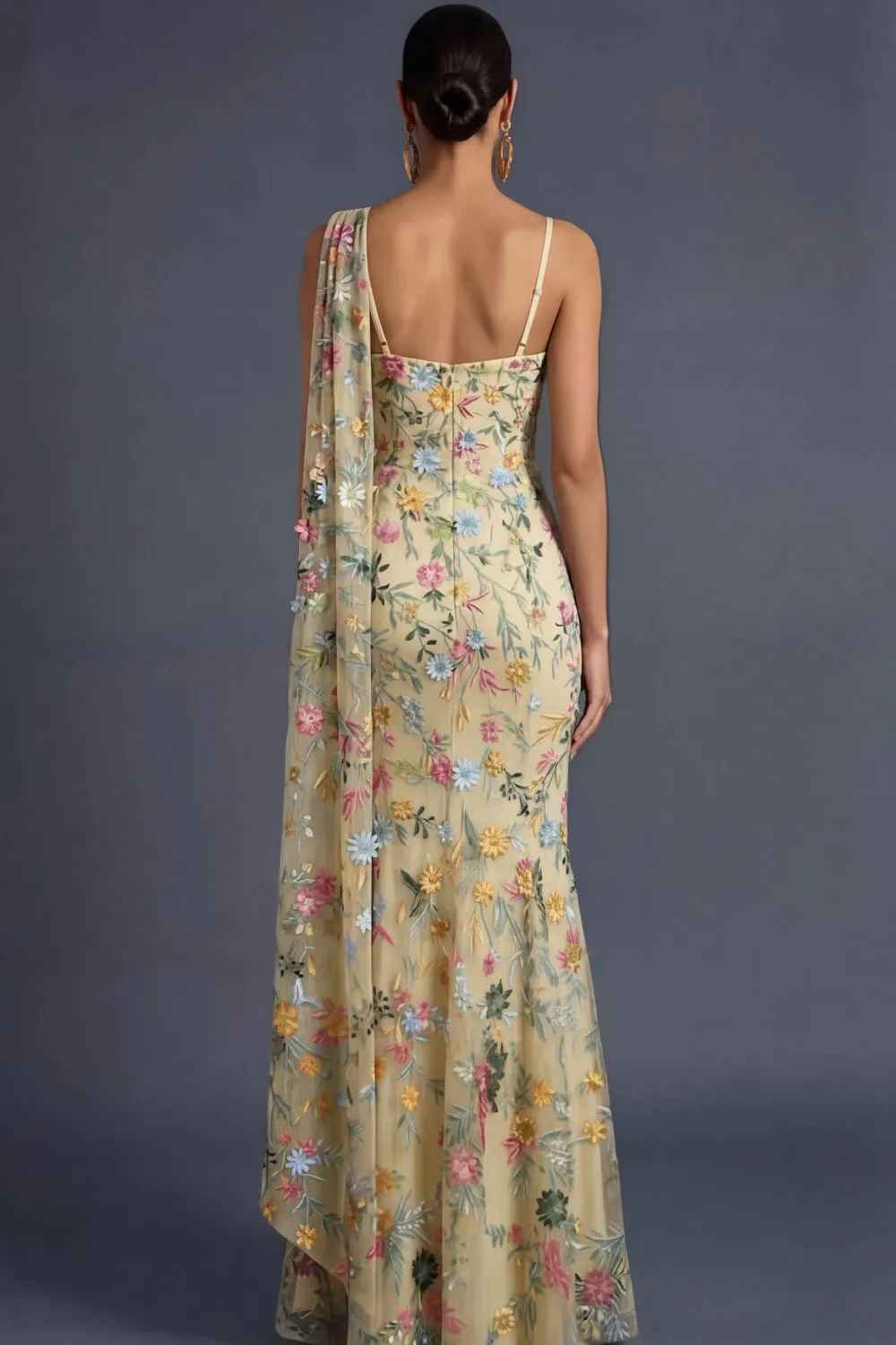 Mermaid One-Shoulder Floral Embroidered Tulle Cape Evening Gown