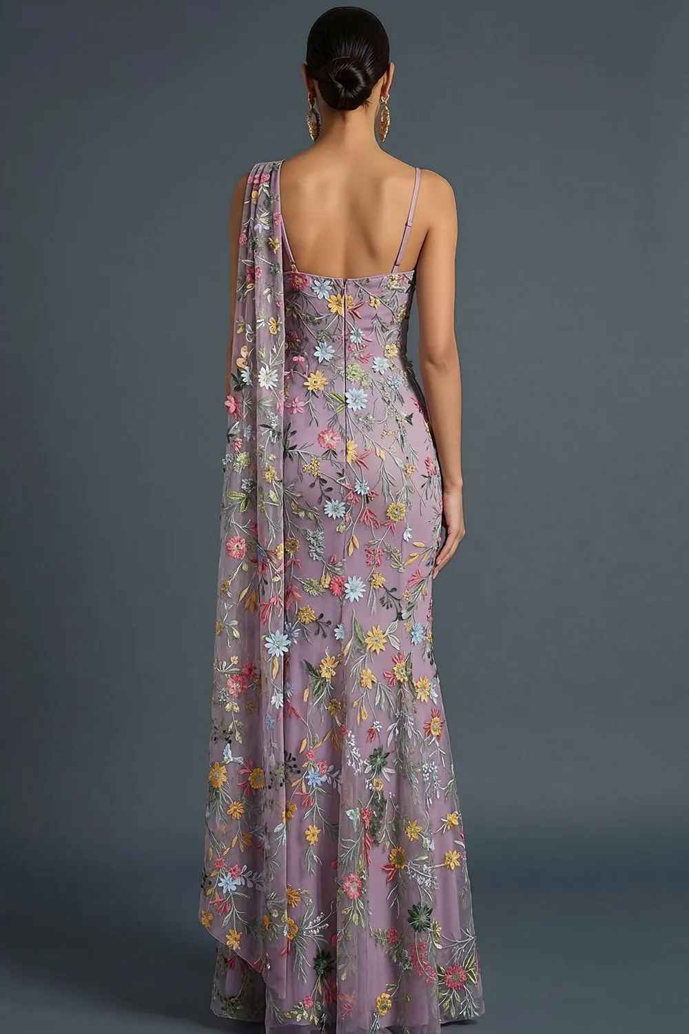 Mermaid One-Shoulder Floral Embroidered Tulle Cape Evening Gown