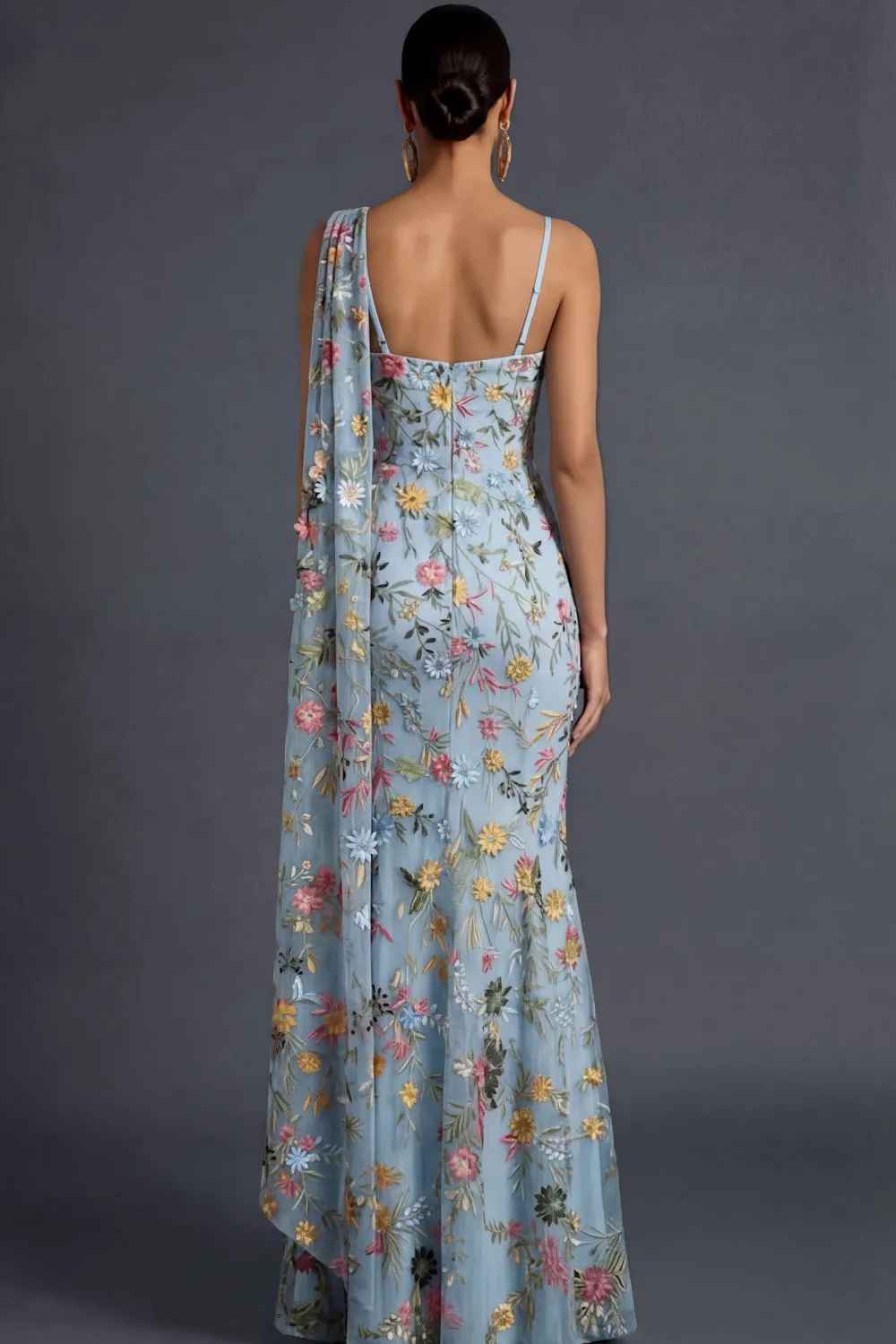 Mermaid One-Shoulder Floral Embroidered Tulle Cape Evening Gown