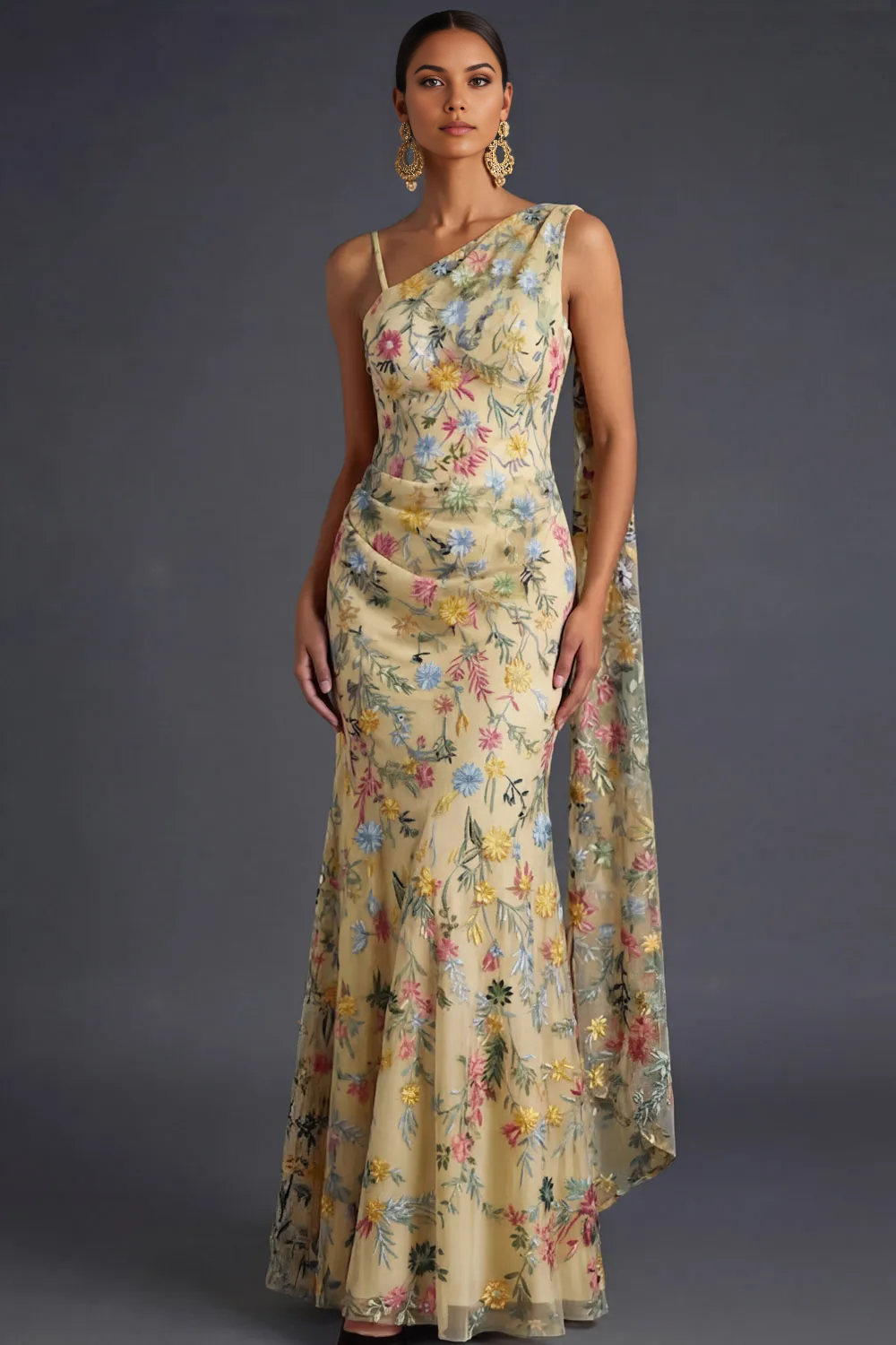 Mermaid One-Shoulder Floral Embroidered Tulle Cape Evening Gown
