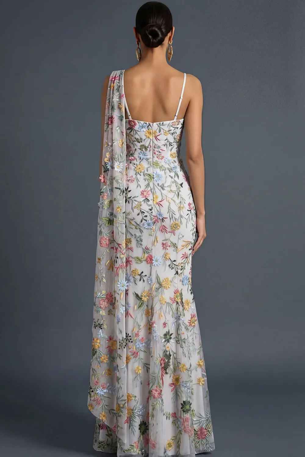Mermaid One-Shoulder Floral Embroidered Tulle Cape Evening Gown