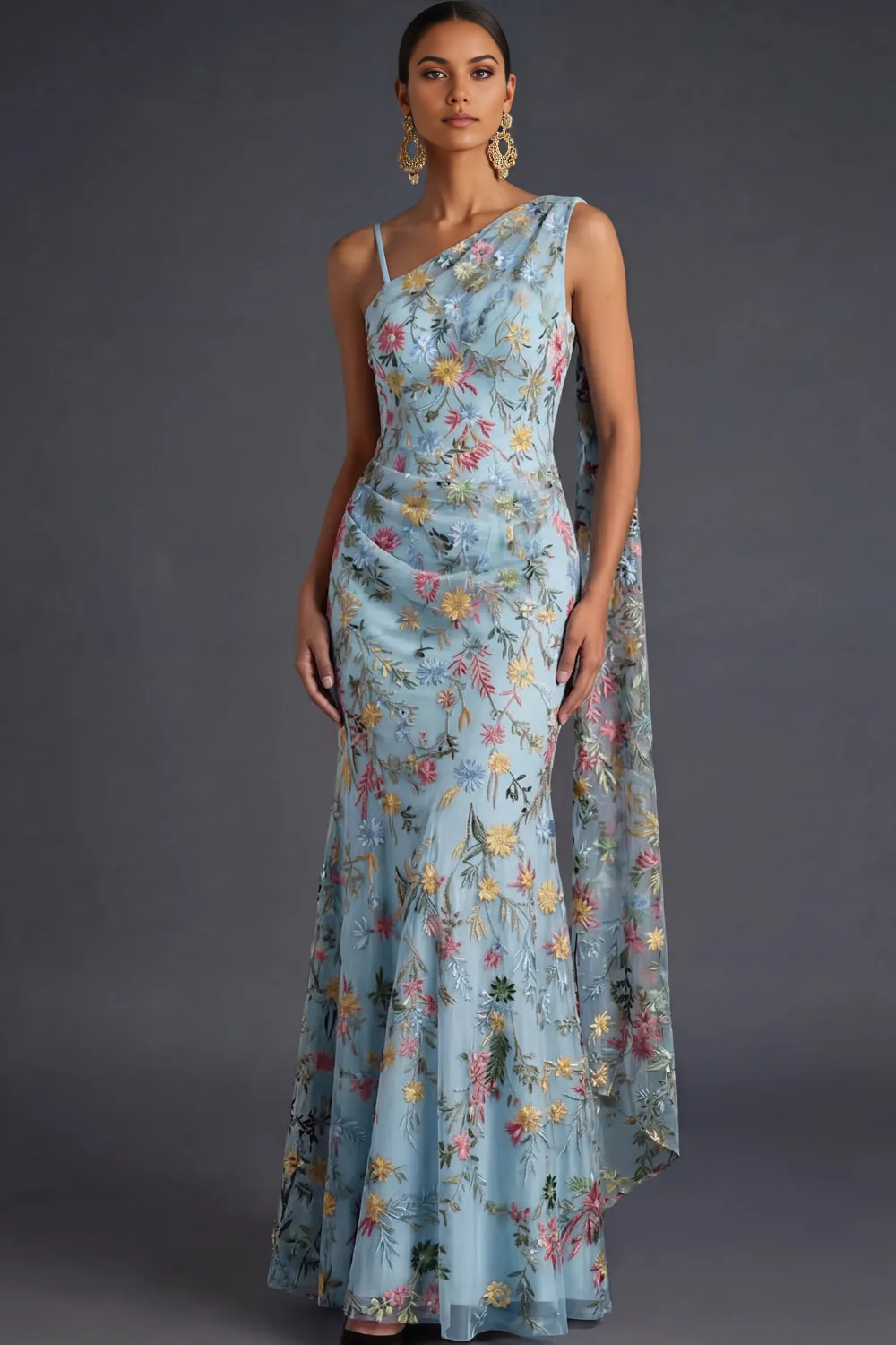 Mermaid One-Shoulder Floral Embroidered Tulle Cape Evening Gown