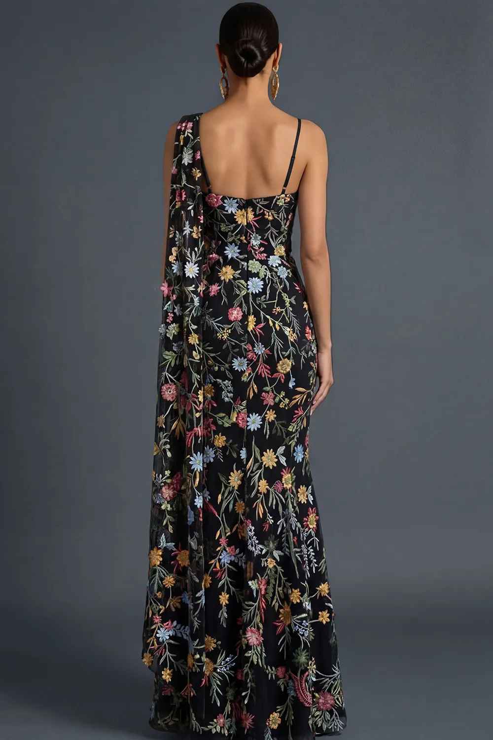 Mermaid One-Shoulder Floral Embroidered Tulle Cape Evening Gown