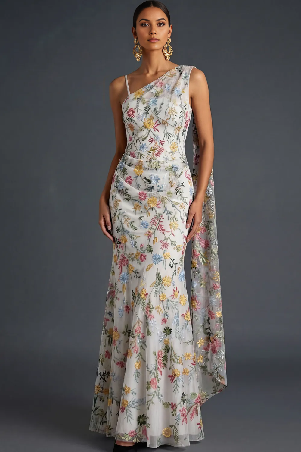 Mermaid One-Shoulder Floral Embroidered Tulle Cape Evening Gown