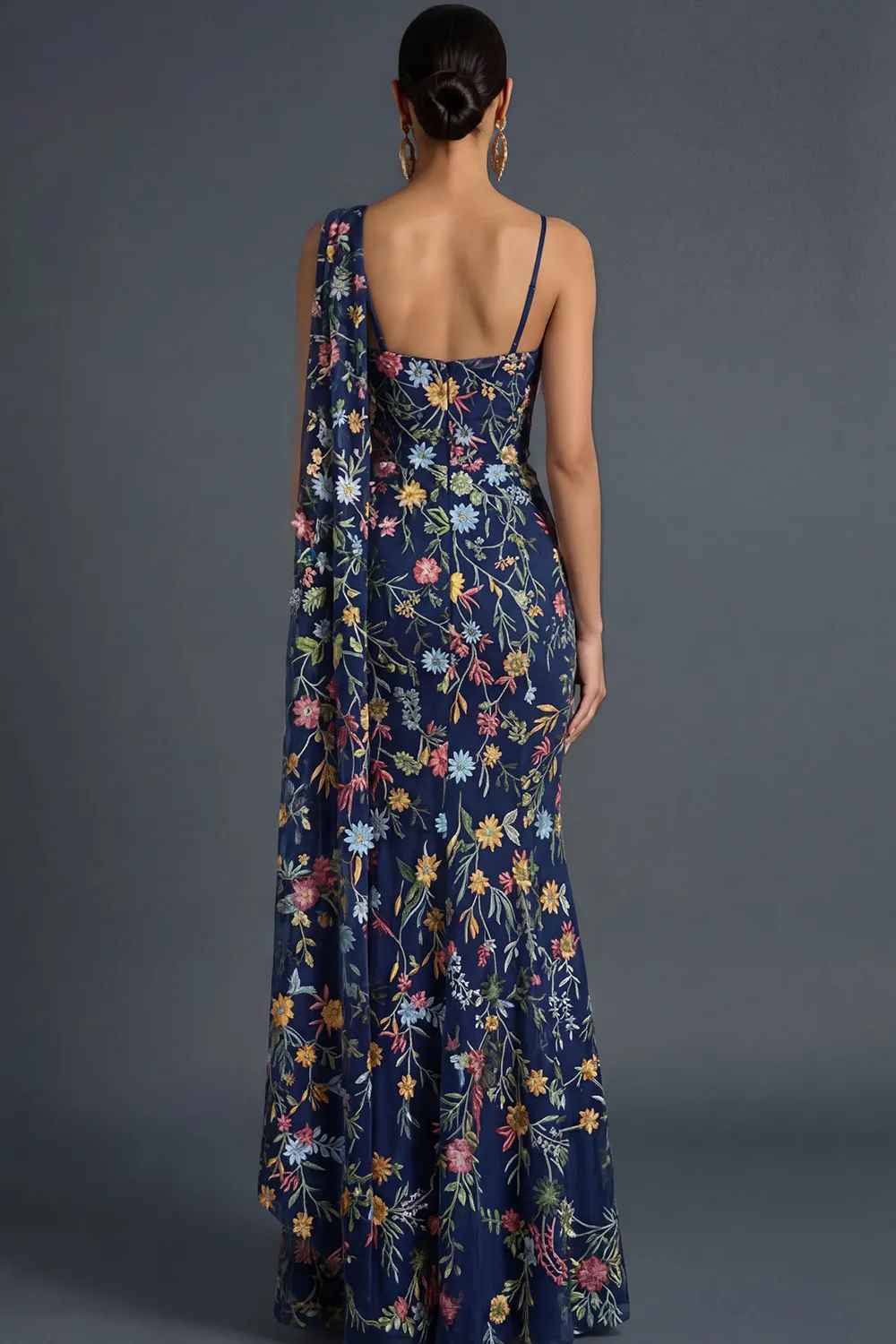 Mermaid One-Shoulder Floral Embroidered Tulle Cape Evening Gown
