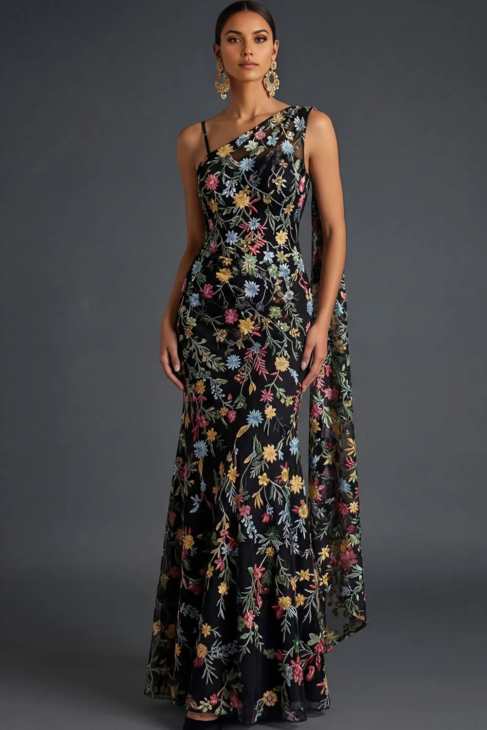 Mermaid One-Shoulder Floral Embroidered Tulle Cape Evening Gown